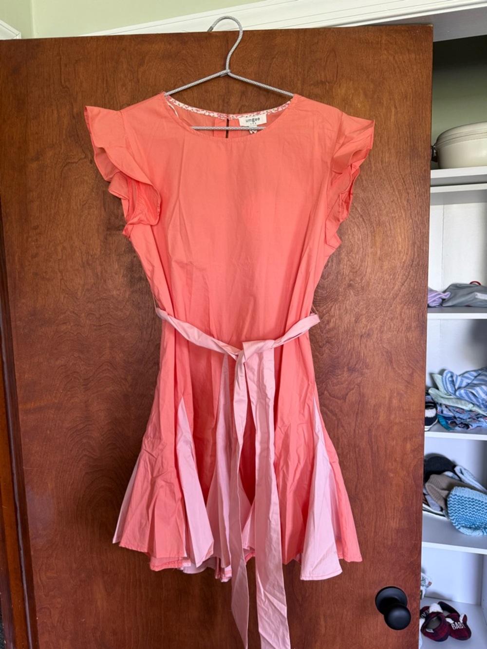 Coral Ruffle-Sleeve Belted Dress